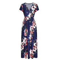 Womens V Neck Floral Printed Maxi Long Dress Short Sleeve