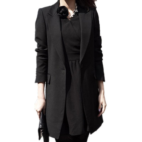 Women Black Breasted Slim Long Jacket Coat - Toplen