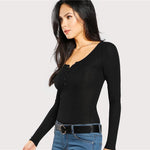 Ladies V Neck Long Sleeve Stretchy Slim Fit Top - Toplen