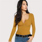 Ladies V Neck Long Sleeve Stretchy Slim Fit Top - Toplen